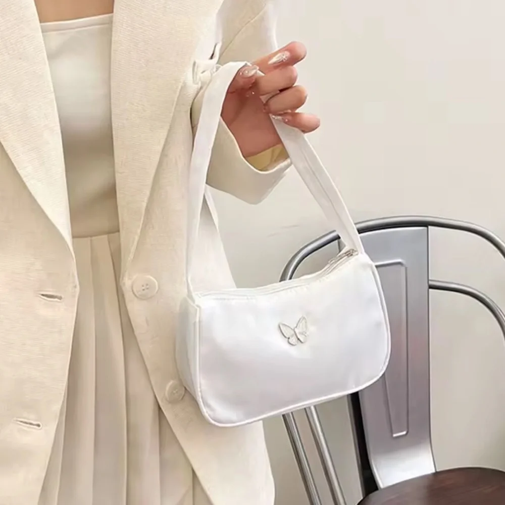 Butterfly Charm Nylon Shoulder Bag Purse in White | NWT